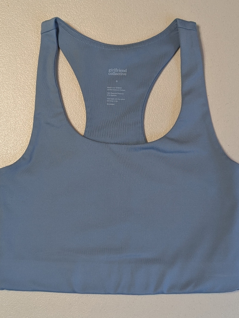 Girlfriend Collective blue sports bra, small